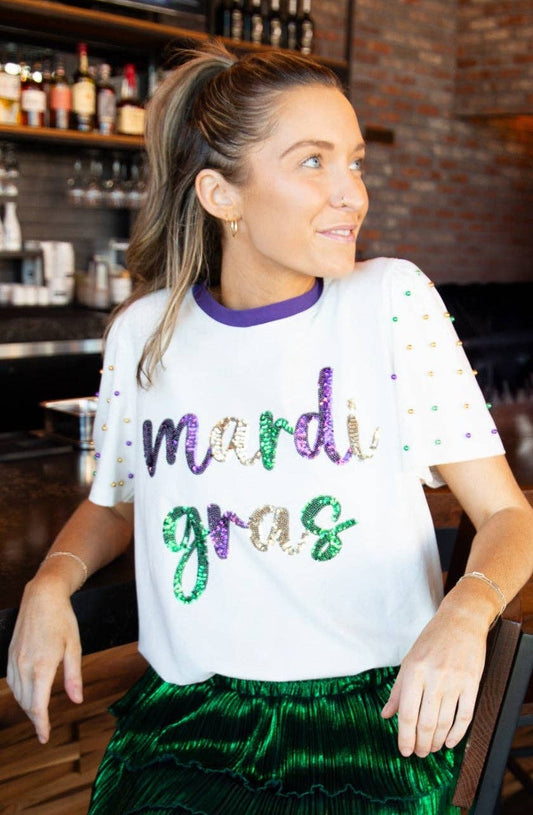 Sequin "Mardi Gras" on White Princess Top