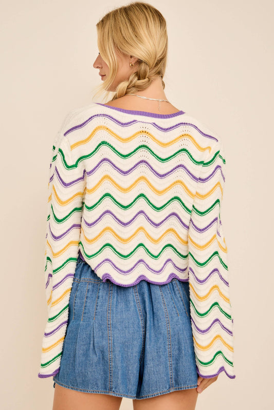Mardi Gras Wave Stripe Tie Cardigan – Festive Knit