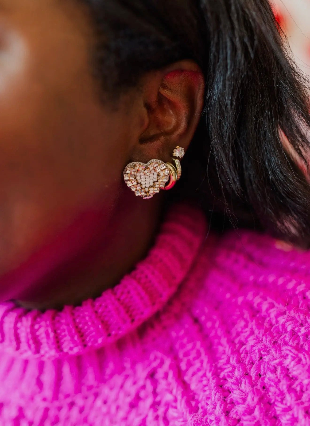 Beaded Heart Stud - White