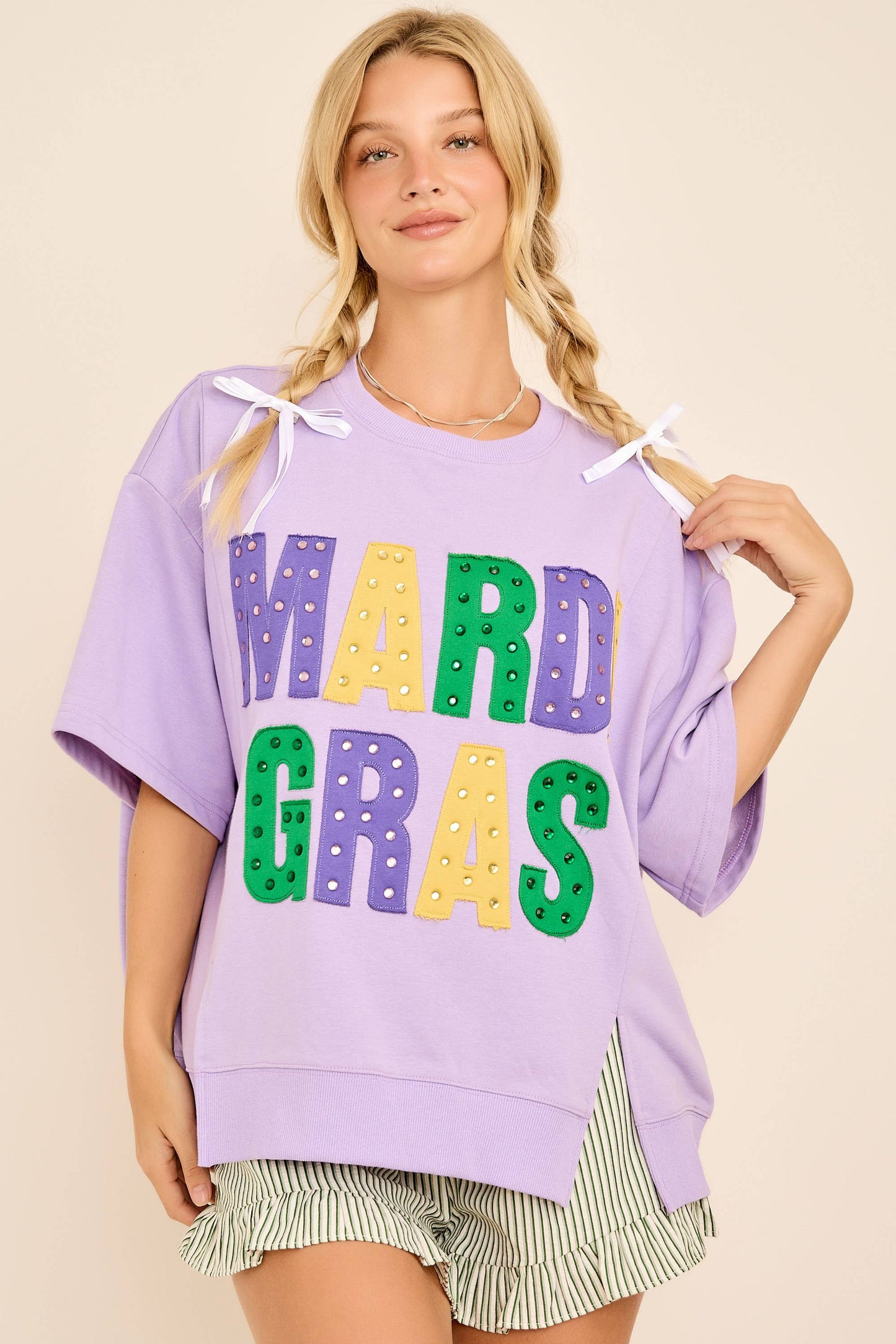 Mardi Gras Oversized Graphic Tee with Stud Details