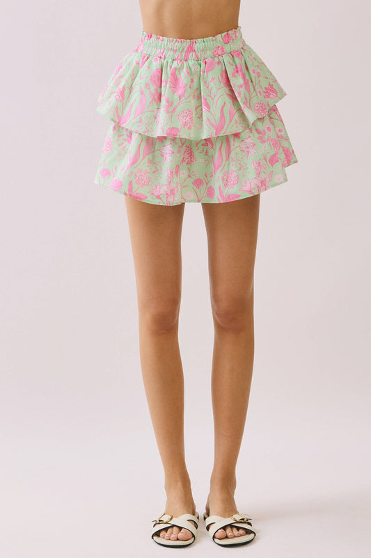 Floral Print Double Layered Ruffle Mini Skirt