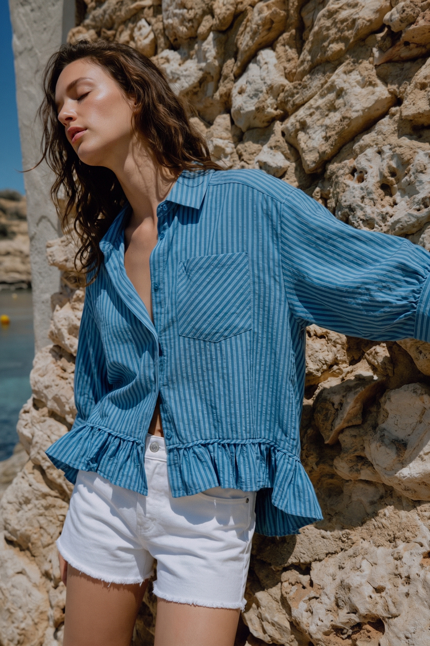Lillian Ruffle Collar Stripe Button Down Shirt