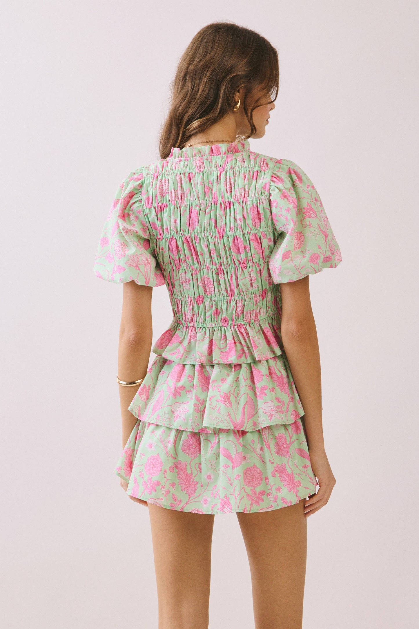 Floral Print Smocked Bodice Lace Up Top