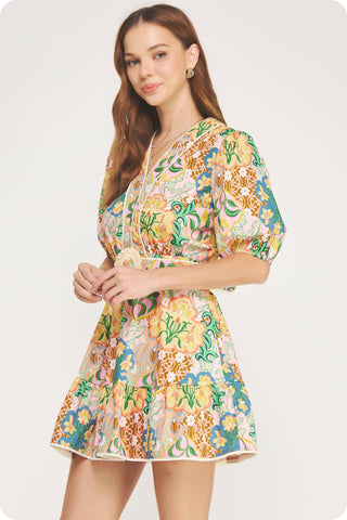 Garden Party Puff Sleeve Belted Cotton Mini Dress