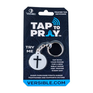 Vesible Tap to Pray prayer tag keychain packaging with cross design on a white background