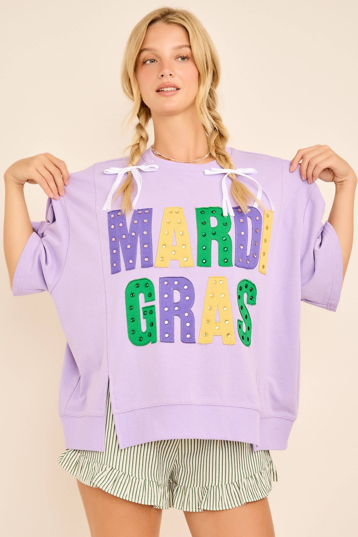 Mardi Gras Oversized Graphic Tee with Stud Details