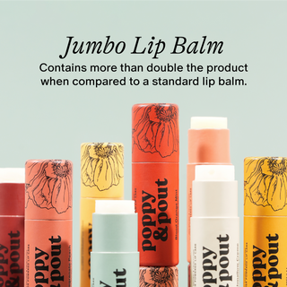 Collection of Jumbo Lip Balms with branding and product description on a light green background