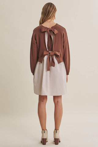 EASY COFFEE DATE BACK RIBBON TWOFER MINI SWEATER DRESS