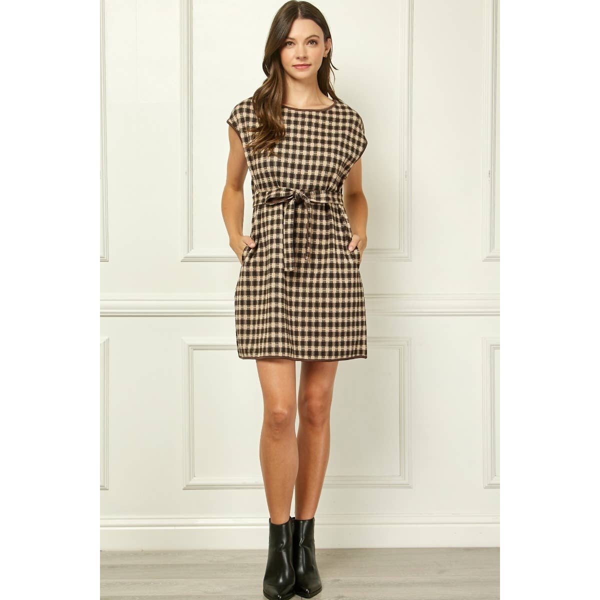 Sutton Checker Knit Belted Mini Dress