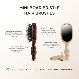Teleties mini boar bristle hair brush with mirror on a white background