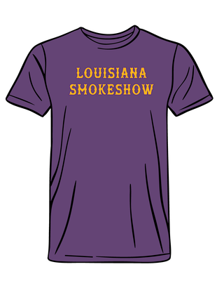 Purple t-shirt with 'Louisiana Smokeshow' text in yellow on a white background