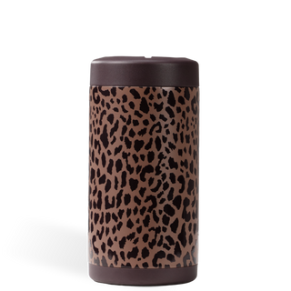 Thermos with leopard print design on a white background