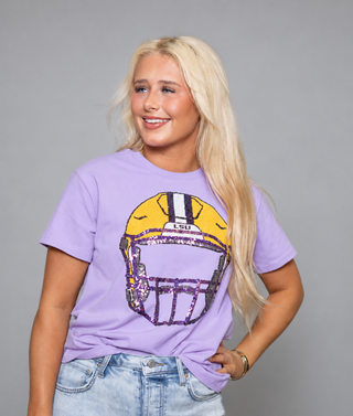 Wholesale | LSU Front & Back Helmet (Licensed) | Women's Sequin Design Tee (Lavender)