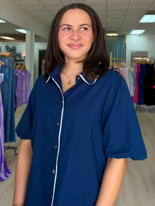 Emma Contrast Trim Button-Front Blouse