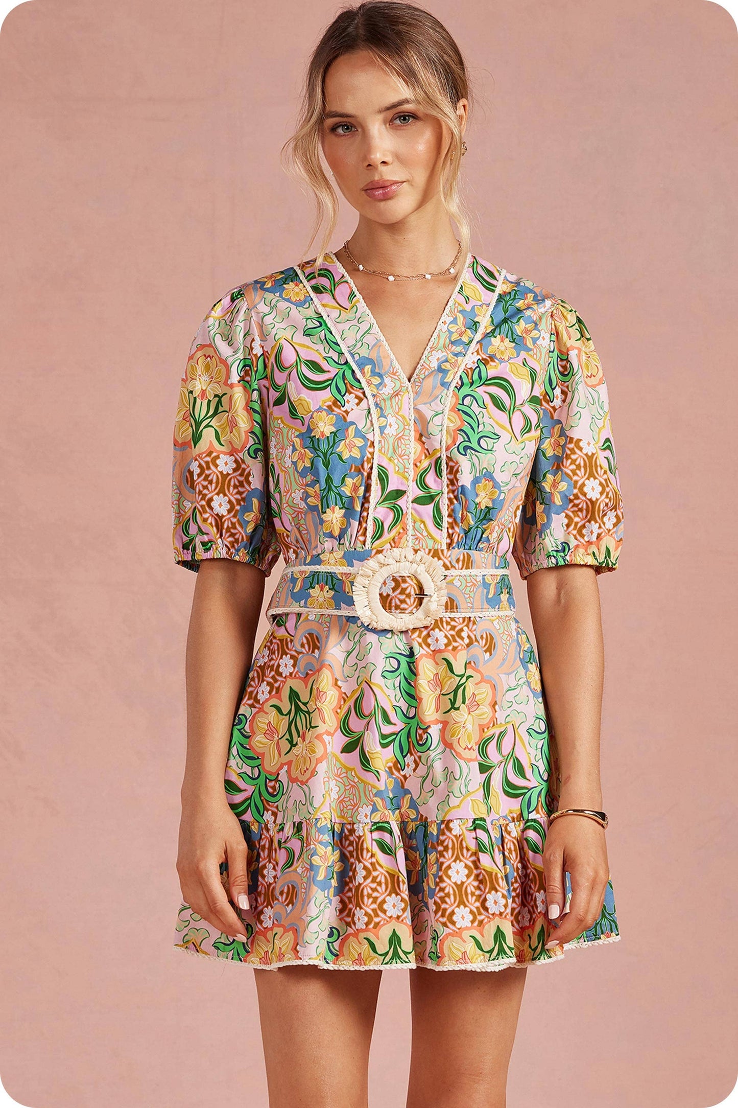 Garden Party Puff Sleeve Belted Cotton Mini Dress