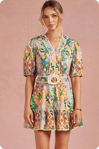 Garden Party Puff Sleeve Belted Cotton Mini Dress