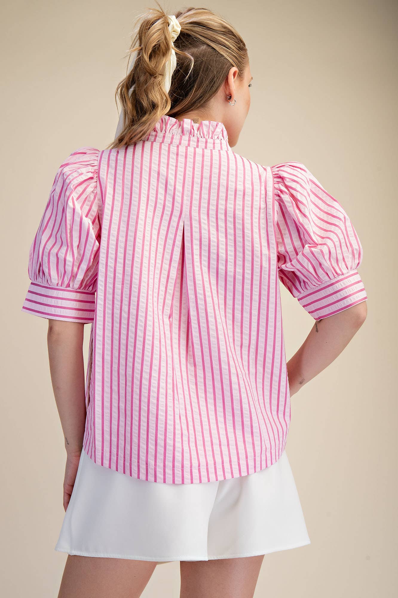 Ruffle V-neck Puff Sleeve Button Down Shirt