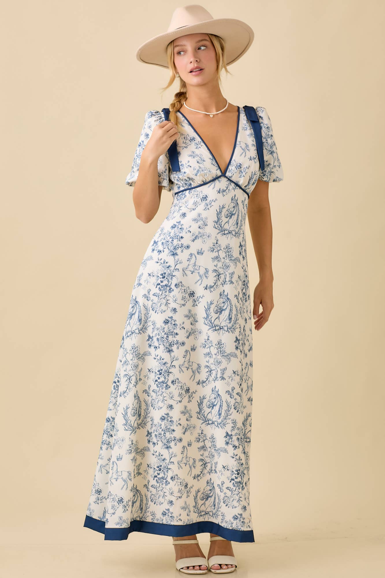 Deep-Neck Maxi Dress With Bubble Sleeve