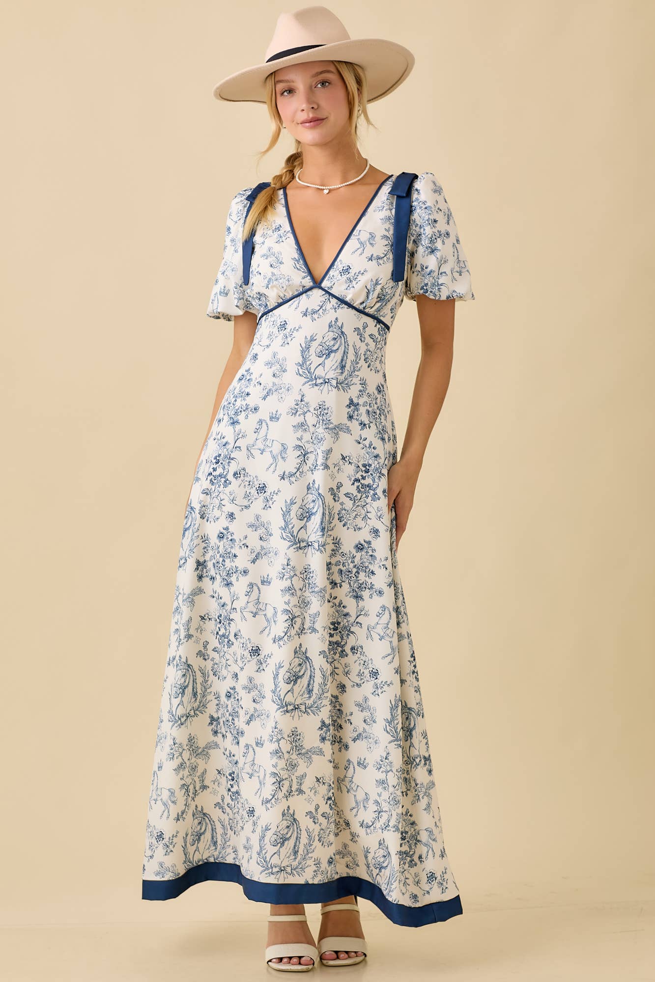 Deep-Neck Maxi Dress With Bubble Sleeve