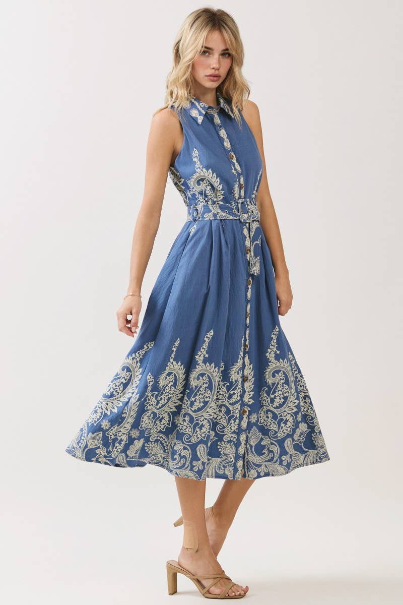 Saylor Paisley Belted Midi Dress
