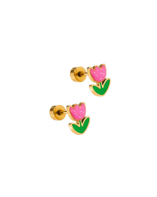 Tulip-shaped earrings with pink flowers and green leaves on a white background