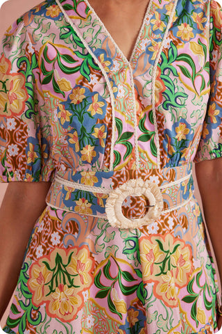 Garden Party Puff Sleeve Belted Cotton Mini Dress