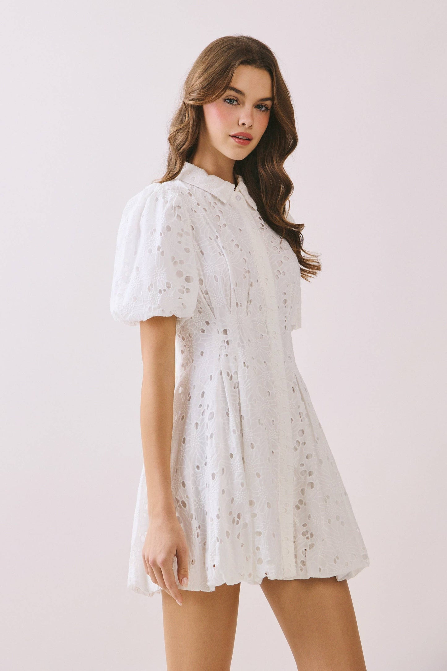 Eyelet Collared Neck Hidden Front Button Dress