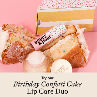 Lip balm packaging with a slice of birthday cake and text promoting a lip care duo.