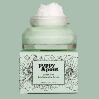 Jar of Poppy & Pout Sweet Mint Exfoliating Lip Scrub on a light green background