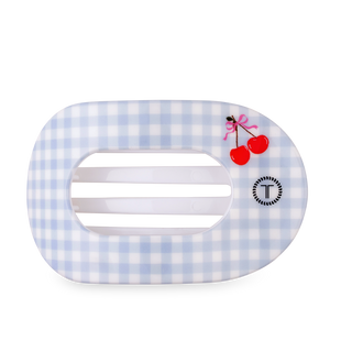 TELETIES Basket of Cherries Large Flat Round Hair Clip with light blue gingham and cherry details