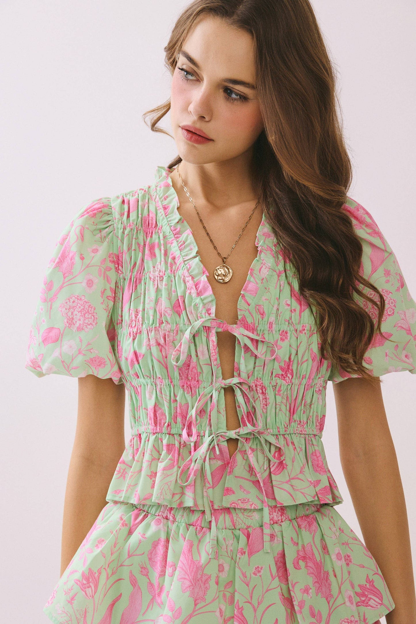 Floral Print Smocked Bodice Lace Up Top