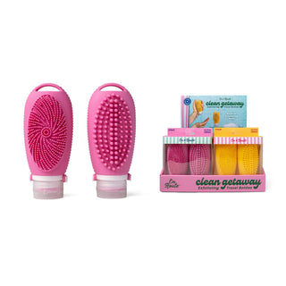 Pink exfoliating scrubber with packaging on a white background