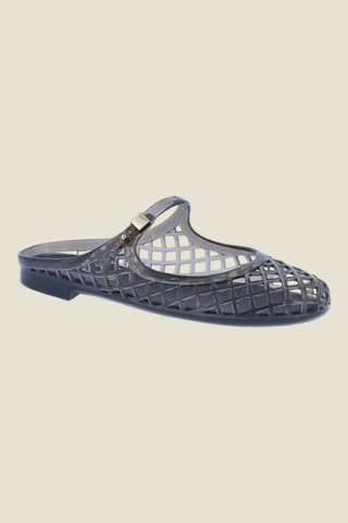 Black jelly sandal with a grid pattern on a white background