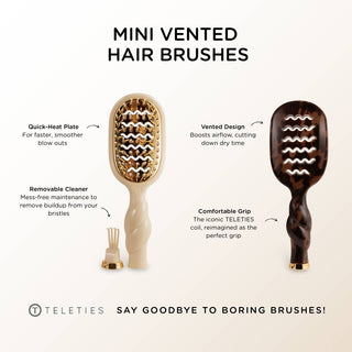 Two mini vented hair brushes with features highlighted on a white background, branded as Teleties.