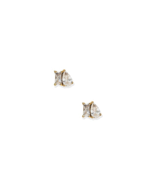 A pair of gold stud earrings with marquise-cut clear gemstones, displayed on a solid white background.