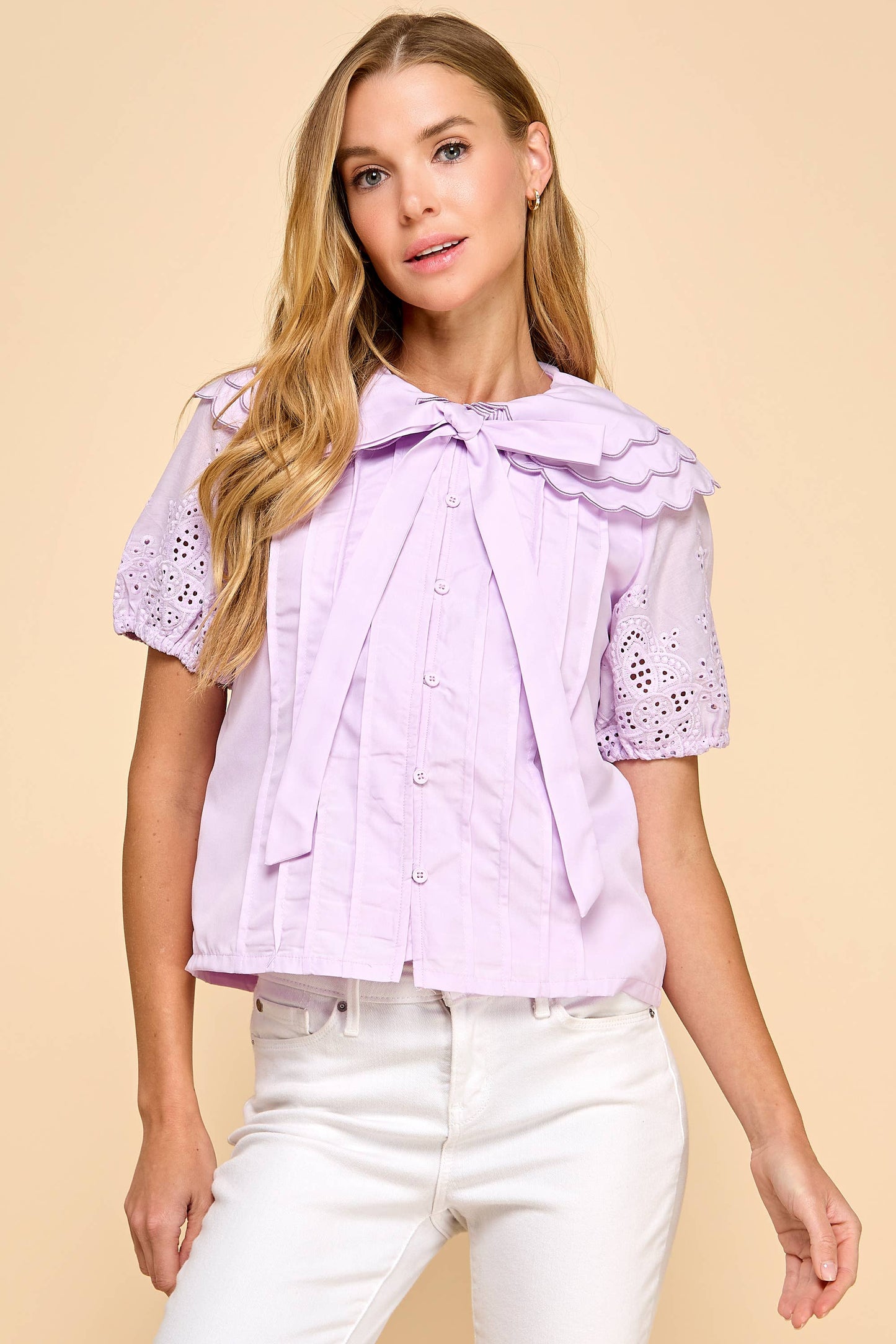 Camille Eyelet Bow Button-Down Top
