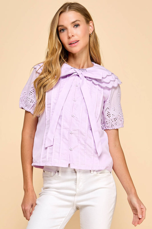Camille Eyelet Bow Button-Down Top
