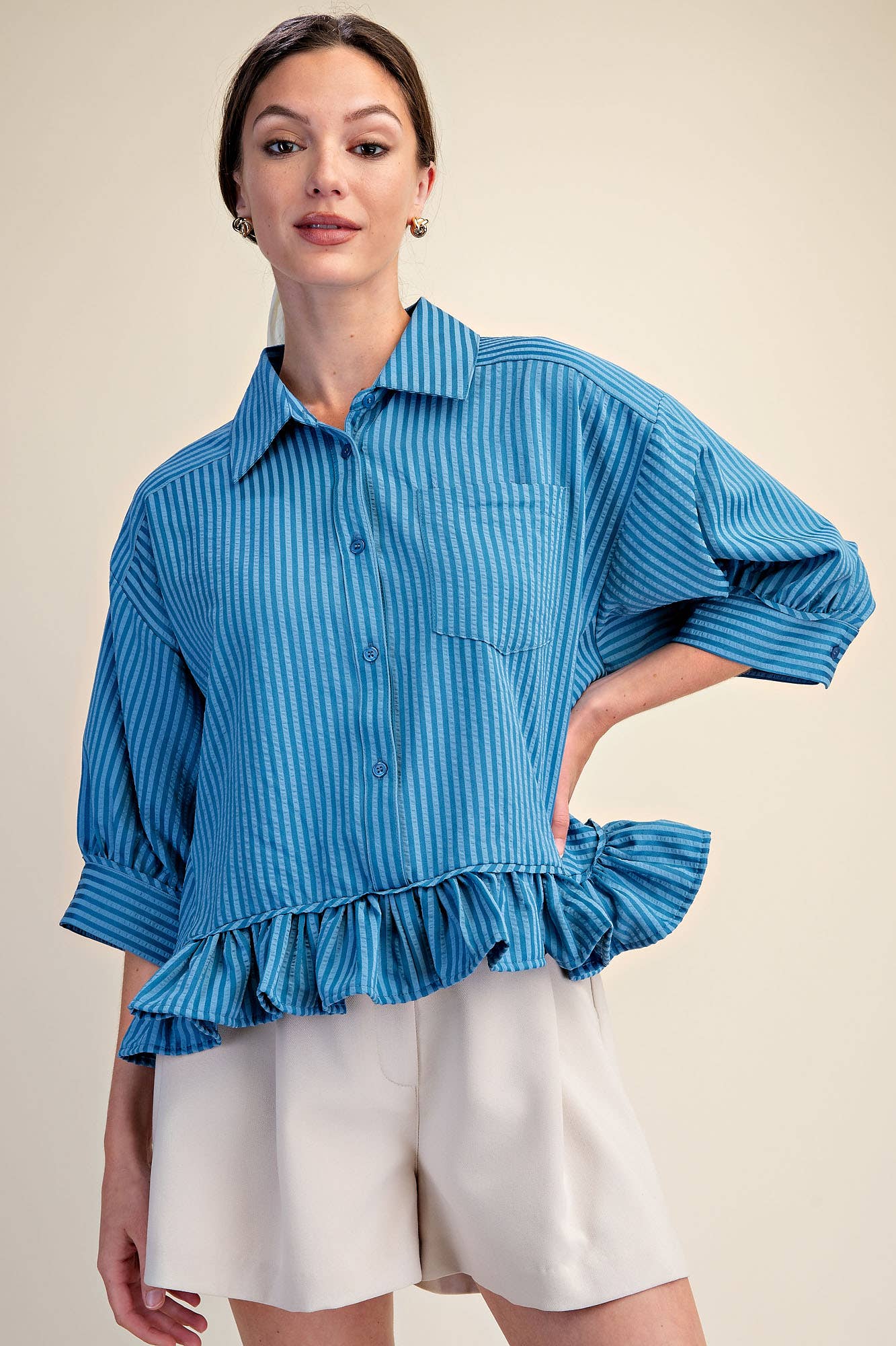 Lillian Ruffle Collar Stripe Button Down Shirt