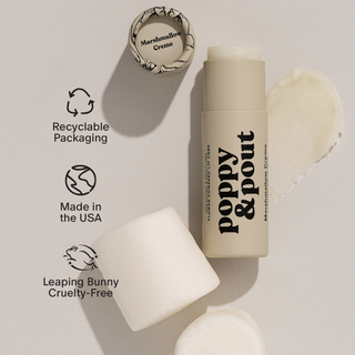 Cosmetic product with 'Poppy & Pout' branding on a light background, featuring recyclable packaging and cruelty-free labels.
