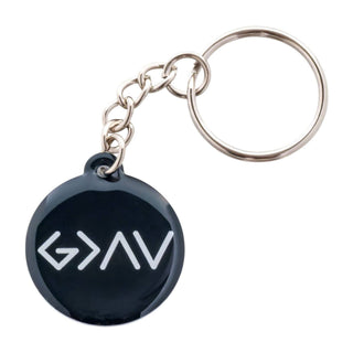 Black keychain with 'G>AV' symbol on a white background