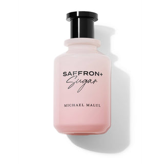 Pink bottle of 'Saffron + Sugar' by Michael Malul on a white background