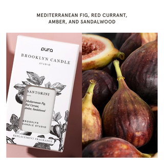 Brooklyn Candle Studio Santorini replacement fragrance box shown beside a close-up of figs, with text above reading 'Mediterranean Fig, Red Currant, Amber, and Sandalwood.'.