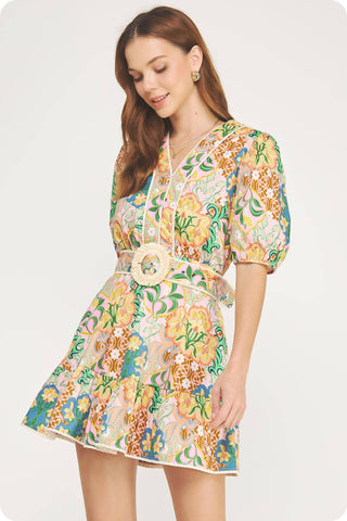 Garden Party Puff Sleeve Belted Cotton Mini Dress