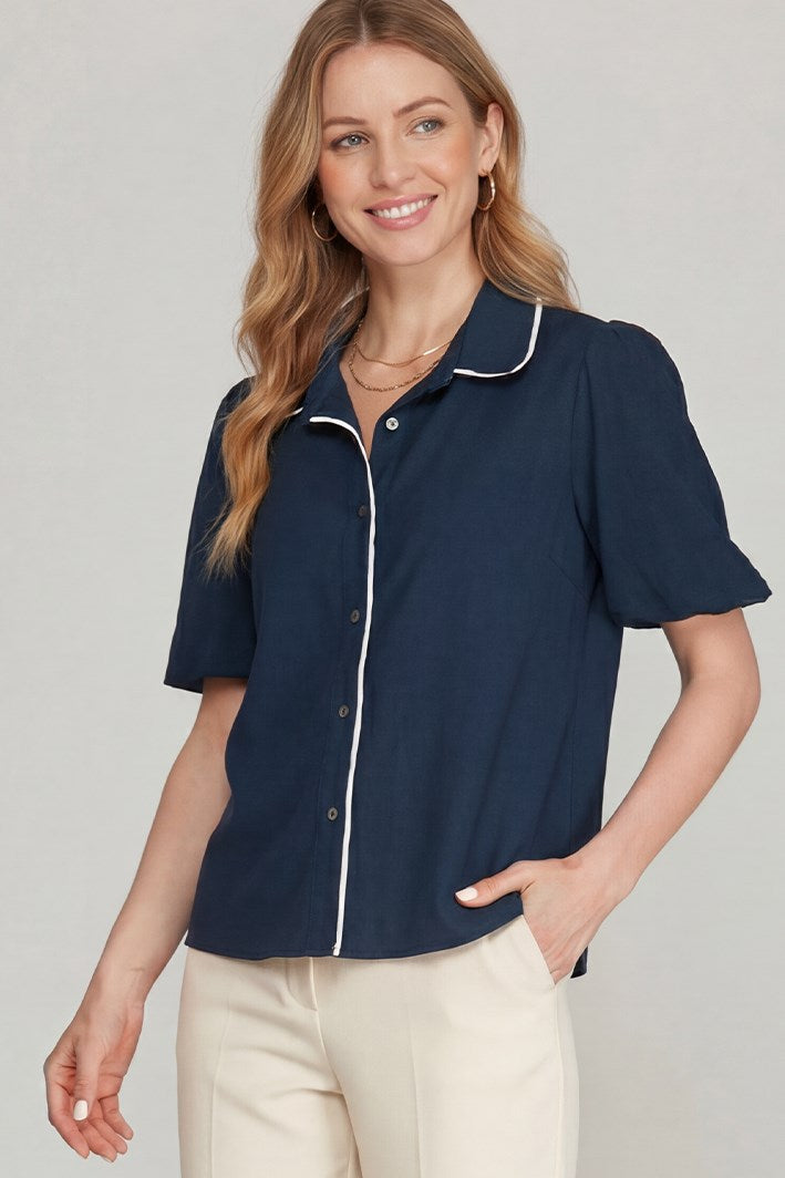 Emma Contrast Trim Button-Front Blouse