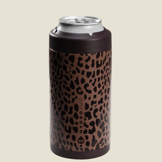 Leopard print can cooler with Hydro Flask logo on a white background