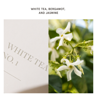 A split visual showing a cream-colored tea box with the text 'WHITE TEA NO. 1' on one side and white flowers with green leaves on the other.