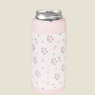 Pink can cooler with floral pattern on a white background