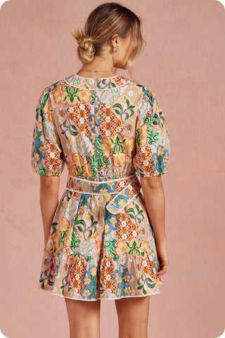 Garden Party Puff Sleeve Belted Cotton Mini Dress