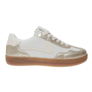 White and gold sneaker with a brown sole on a white background
