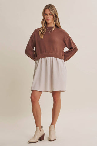 EASY COFFEE DATE BACK RIBBON TWOFER MINI SWEATER DRESS